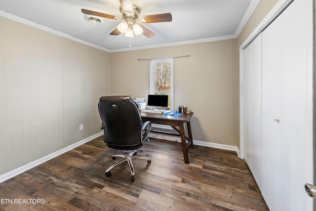 office space with ceiling fan, ornamental molding, dark hardwood / wood-style floors, and a textured ceiling