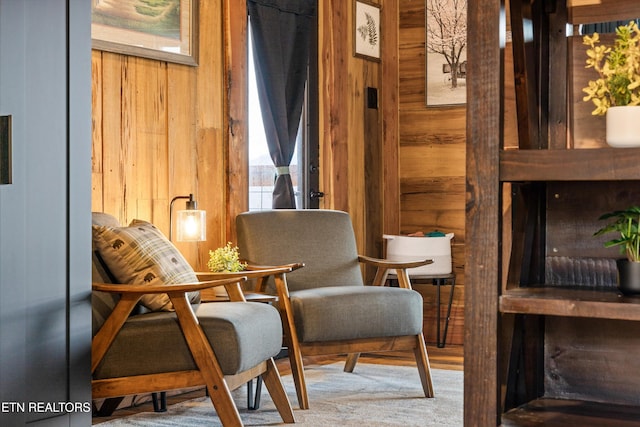 living area with wooden walls