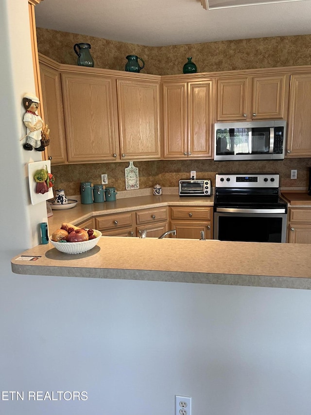 kitchen with appliances with stainless steel finishes and light brown cabinetry