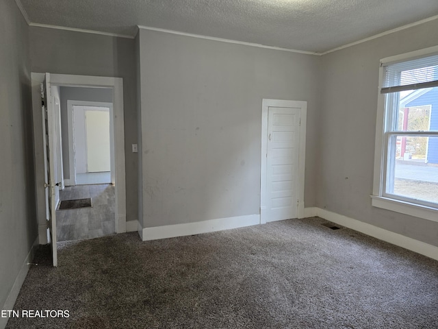 carpeted empty room with crown molding and a textured ceiling