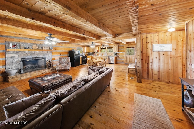 living area with light wood-style floors, wood ceiling, a fireplace, and wooden walls