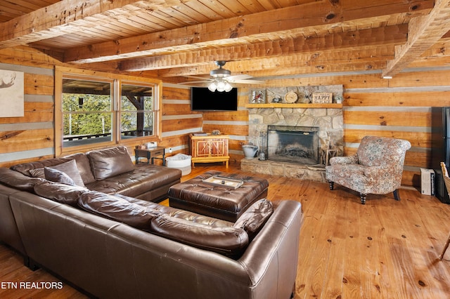 living area featuring wooden ceiling, beamed ceiling, wood finished floors, wood walls, and a fireplace