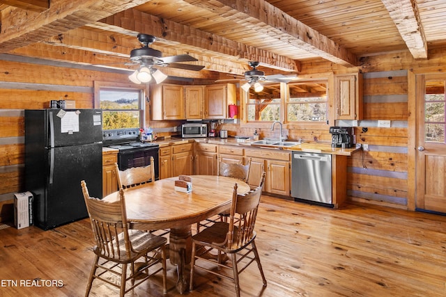 kitchen featuring wood ceiling, light countertops, a sink, and black appliances