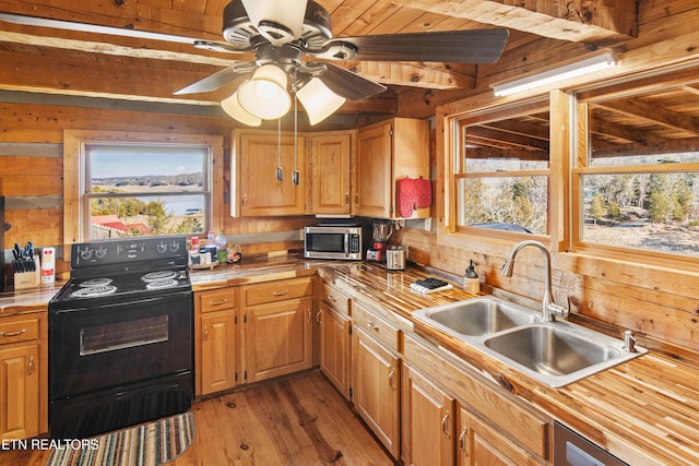 kitchen with stainless steel appliances, a healthy amount of sunlight, a sink, and light wood finished floors