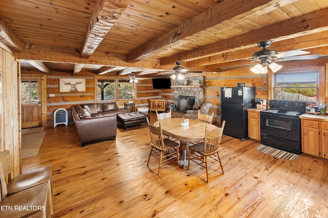 dining space featuring wood ceiling, wood walls, ceiling fan, light wood-type flooring, and beamed ceiling