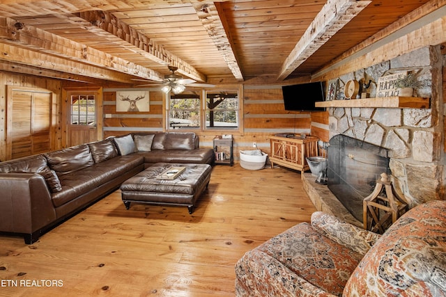 living room featuring wood ceiling, plenty of natural light, wooden walls, and wood finished floors