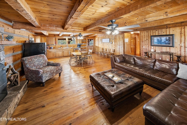 living area with beam ceiling, wooden ceiling, wooden walls, and light wood finished floors