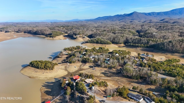 bird's eye view with a water and mountain view