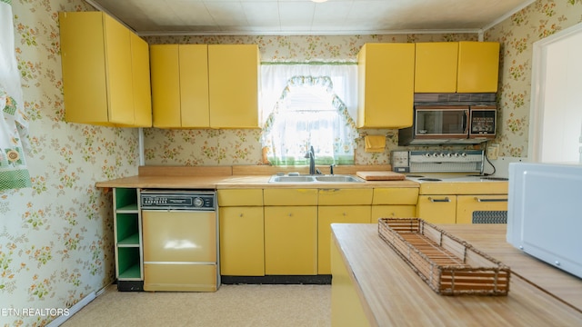 kitchen with stove, sink, and dishwashing machine