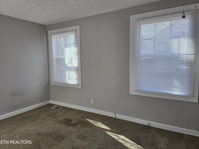 empty room with a textured ceiling and carpet flooring