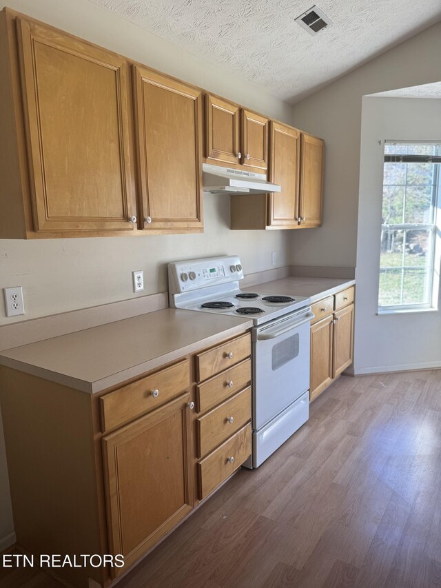 kitchen featuring lofted ceiling, a textured ceiling, light hardwood / wood-style floors, and electric stove