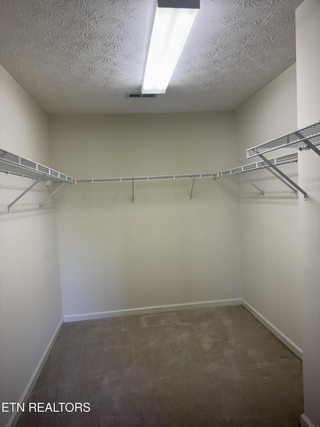 spacious closet featuring dark colored carpet