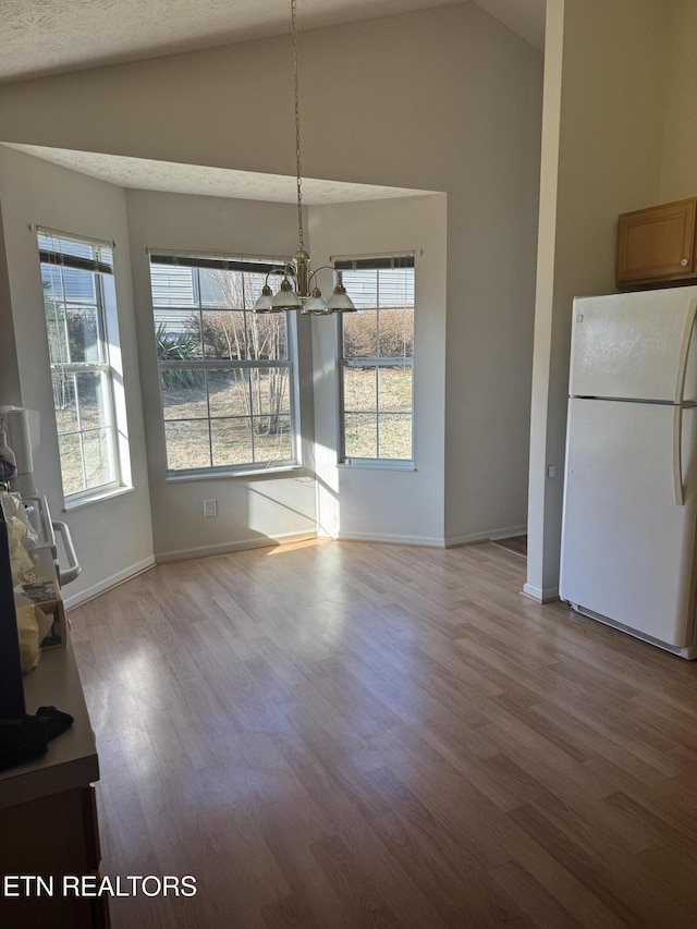 unfurnished dining area with lofted ceiling, light hardwood / wood-style floors, and a healthy amount of sunlight