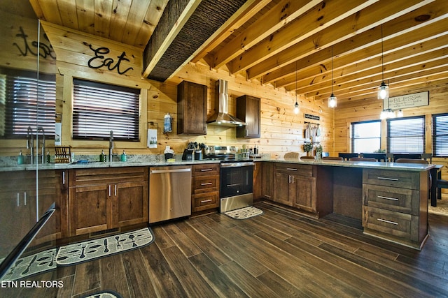 kitchen featuring sink, wood walls, decorative light fixtures, stainless steel appliances, and wall chimney range hood