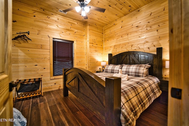 bedroom featuring wood ceiling, wood-type flooring, and wood walls