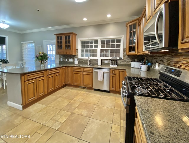 kitchen with sink, kitchen peninsula, dark stone counters, and appliances with stainless steel finishes