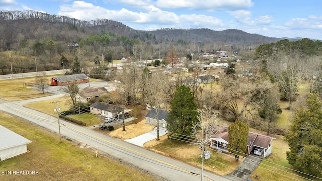 drone / aerial view featuring a mountain view