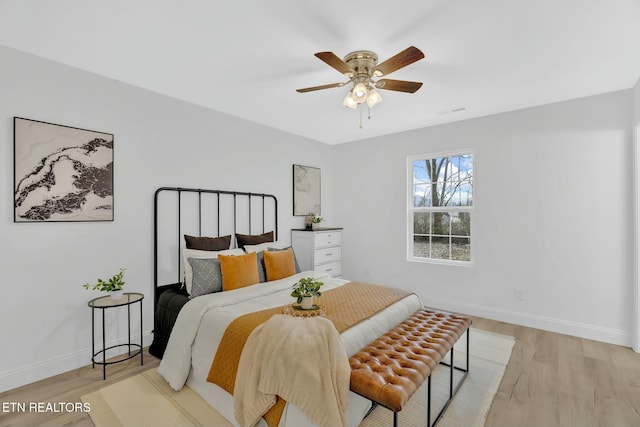 bedroom featuring ceiling fan and light hardwood / wood-style flooring