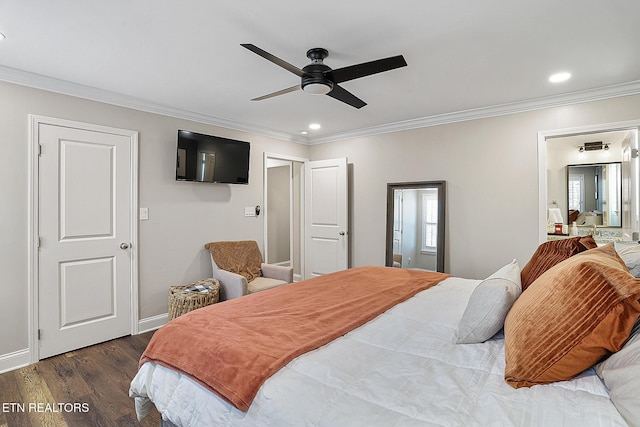 bedroom with crown molding, ceiling fan, and dark hardwood / wood-style flooring