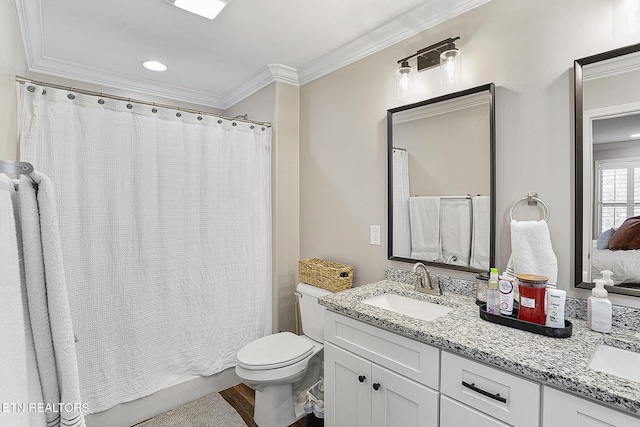 full bathroom with crown molding, hardwood / wood-style flooring, vanity, shower / bath combination with curtain, and toilet