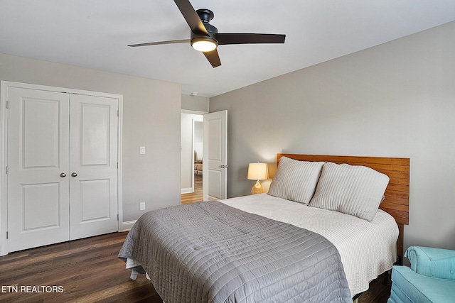 bedroom with dark hardwood / wood-style floors, ceiling fan, and a closet