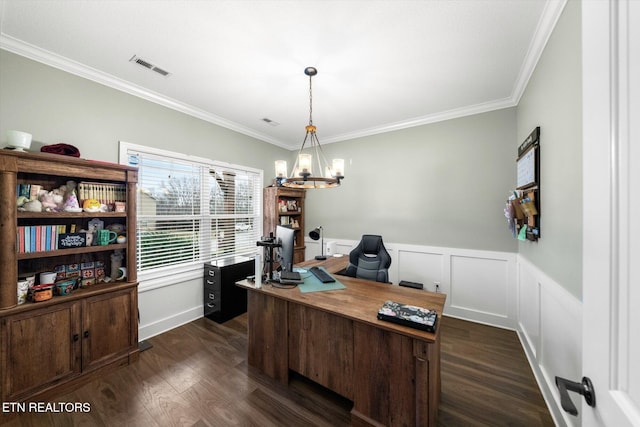 office space with crown molding, dark wood-type flooring, and a chandelier