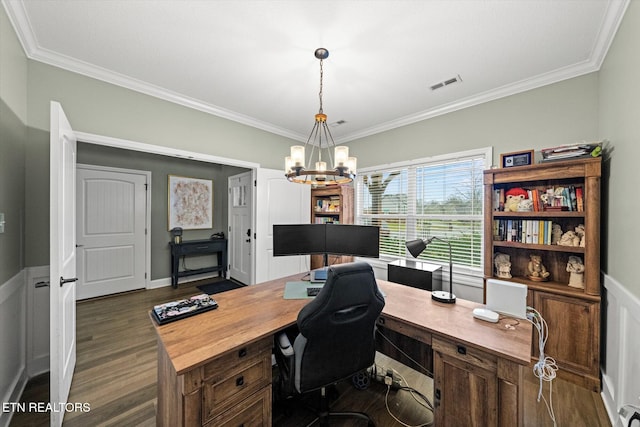 home office featuring dark hardwood / wood-style flooring, crown molding, and a chandelier