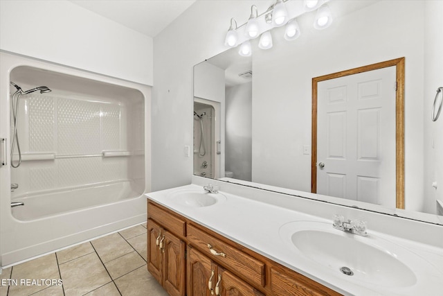 full bathroom featuring vanity, shower / washtub combination, tile patterned floors, and toilet