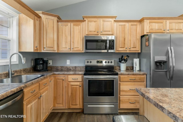 kitchen with lofted ceiling, sink, light brown cabinets, dark hardwood / wood-style flooring, and stainless steel appliances