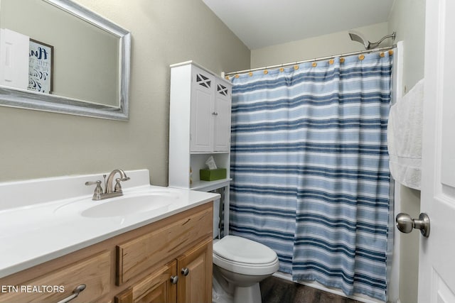 bathroom with vanity, walk in shower, and toilet