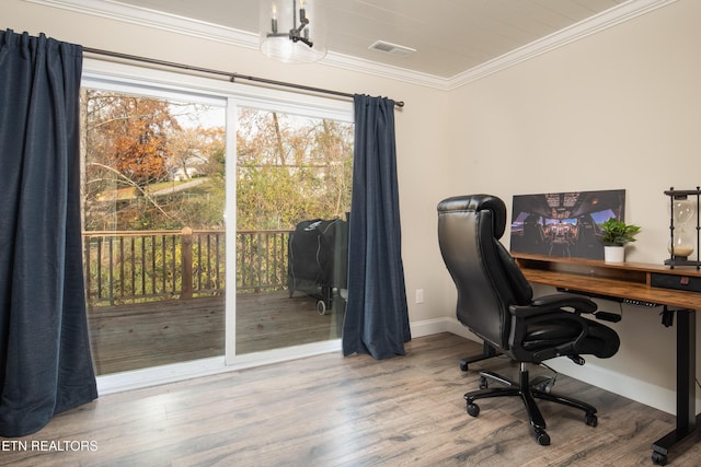 office featuring crown molding and wood-type flooring