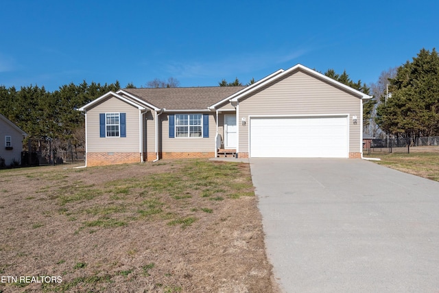 ranch-style home with a garage and a front lawn