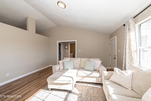 living room featuring lofted ceiling and wood-type flooring