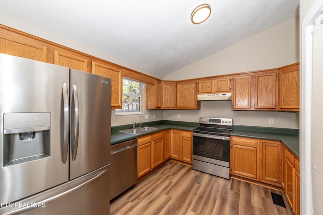 kitchen with lofted ceiling, sink, hardwood / wood-style flooring, and appliances with stainless steel finishes