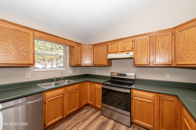 kitchen with vaulted ceiling, appliances with stainless steel finishes, sink, and light hardwood / wood-style floors