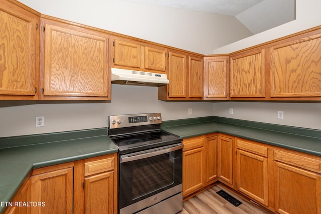 kitchen featuring lofted ceiling, light hardwood / wood-style floors, and stainless steel range with electric cooktop