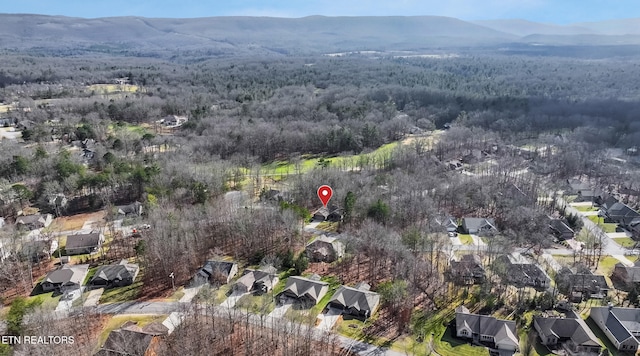 drone / aerial view featuring a mountain view