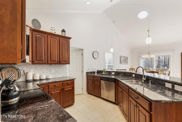 kitchen featuring dishwasher, sink, pendant lighting, and ornamental molding