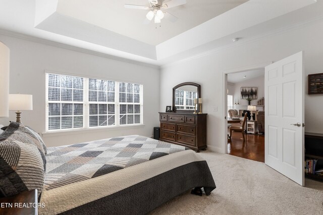 bedroom featuring ornamental molding, carpet flooring, and a tray ceiling