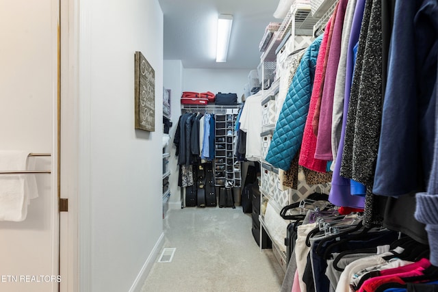 spacious closet featuring light colored carpet