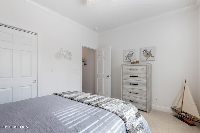 bedroom featuring light carpet and ornamental molding