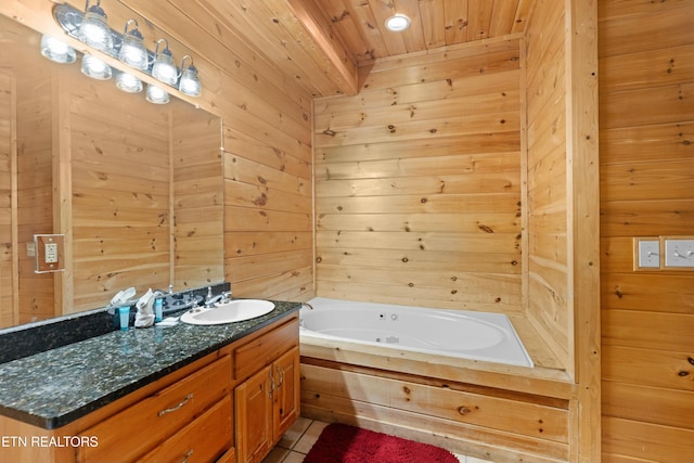 950 Black Bear Cub Way, Sevierville, TN 37862 - bathroom featuring vanity, a tub to relax in, wooden ceiling, and wood walls