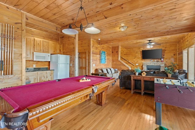950 Black Bear Cub Way, Sevierville, TN 37862 - recreation room featuring wood walls, pool table, light hardwood / wood-style flooring, wooden ceiling, and ceiling fan