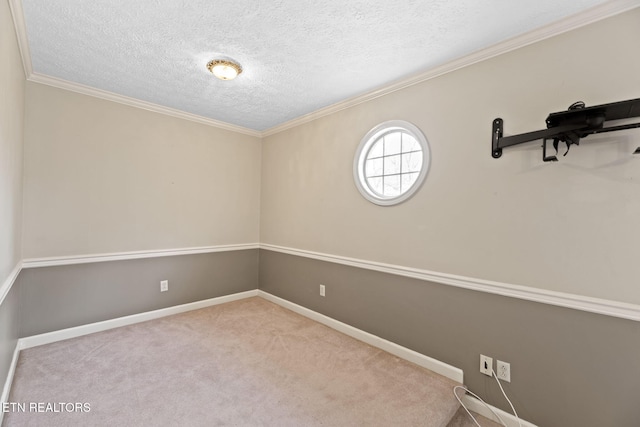 carpeted spare room featuring ornamental molding and a textured ceiling