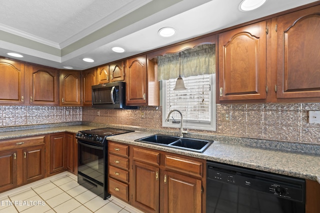 kitchen with tasteful backsplash, sink, light tile patterned floors, and black appliances