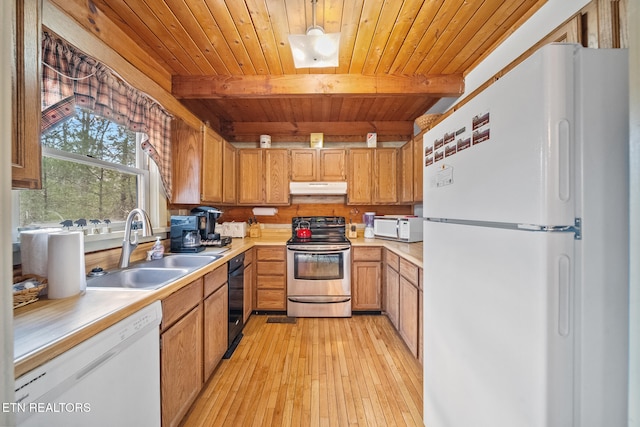 kitchen with sink, white appliances, decorative light fixtures, and beamed ceiling