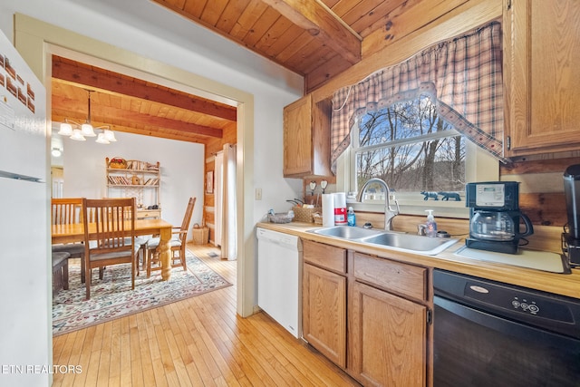 kitchen featuring beamed ceiling, sink, hanging light fixtures, wood ceiling, and white appliances