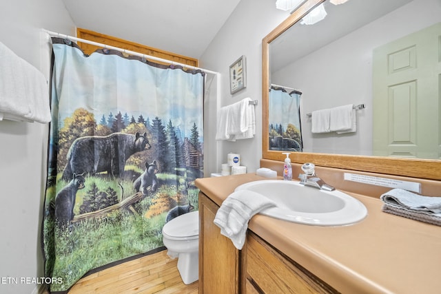 bathroom with vanity, hardwood / wood-style floors, curtained shower, and toilet