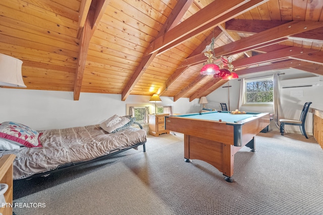 carpeted bedroom featuring wooden ceiling, a wall mounted air conditioner, pool table, and vaulted ceiling with beams