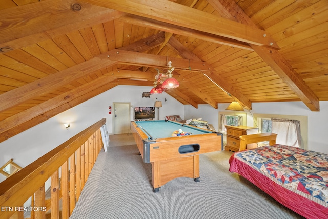 rec room featuring vaulted ceiling with beams, light carpet, and wooden ceiling